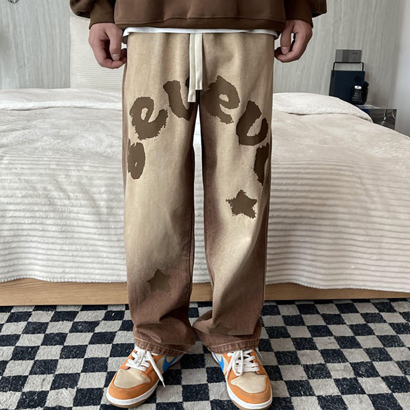 Letters Print Denim Brown Pants