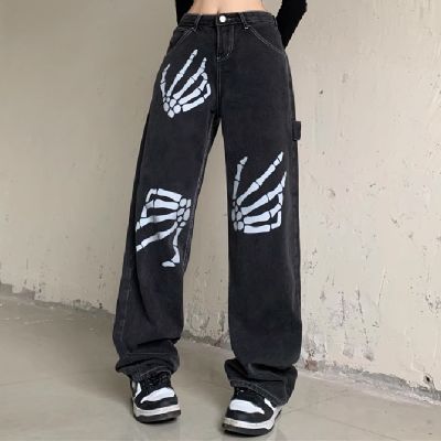 Hand Bone Vintage Print Loose Jeans