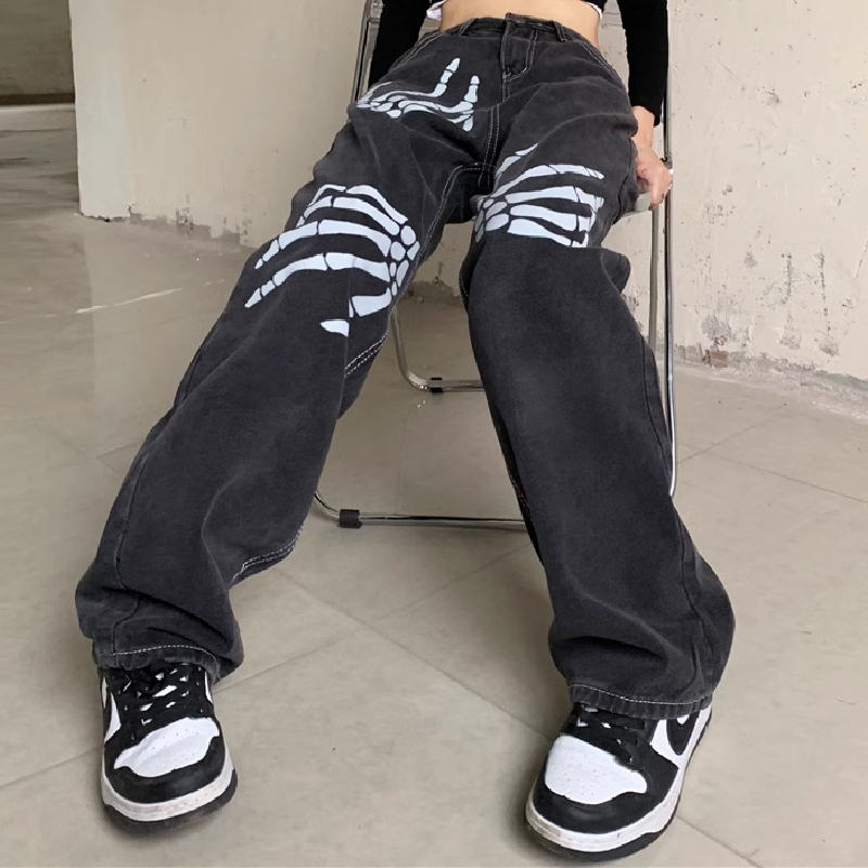 Hand Bone Vintage Print Loose Jeans