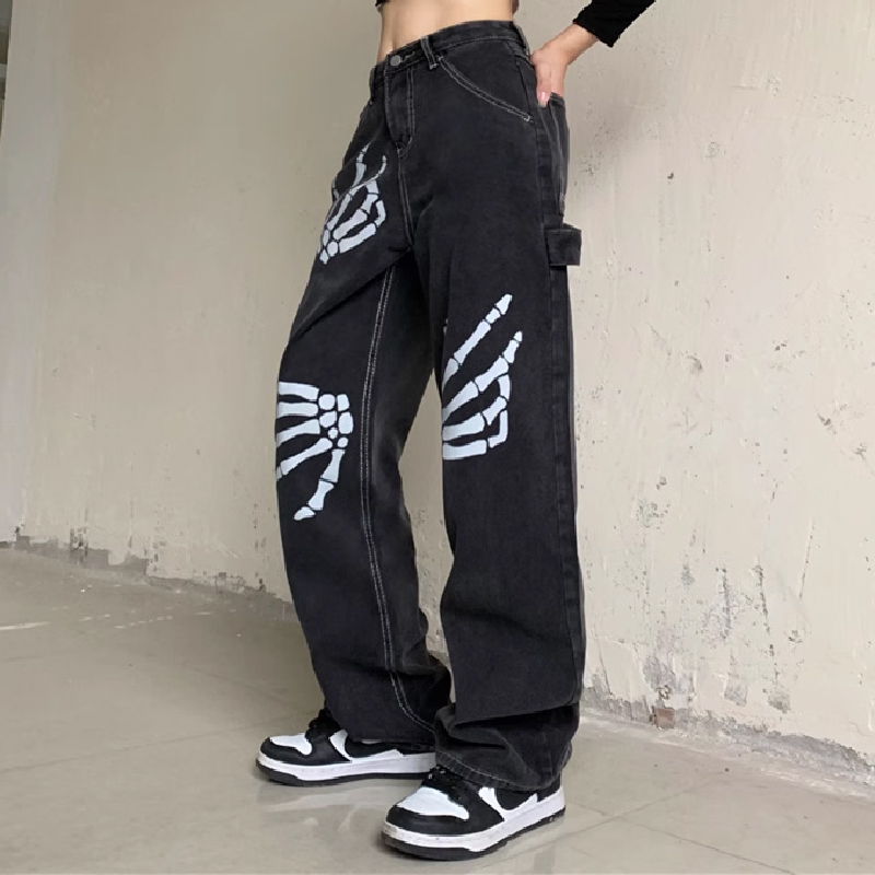 Hand Bone Vintage Print Loose Jeans