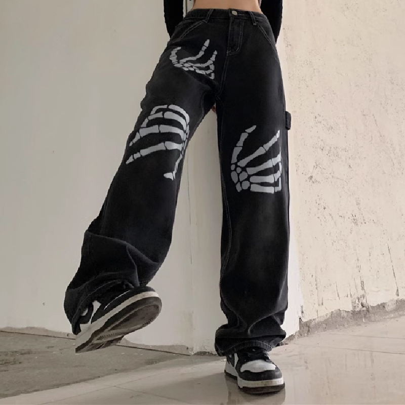 Hand Bone Vintage Print Loose Jeans