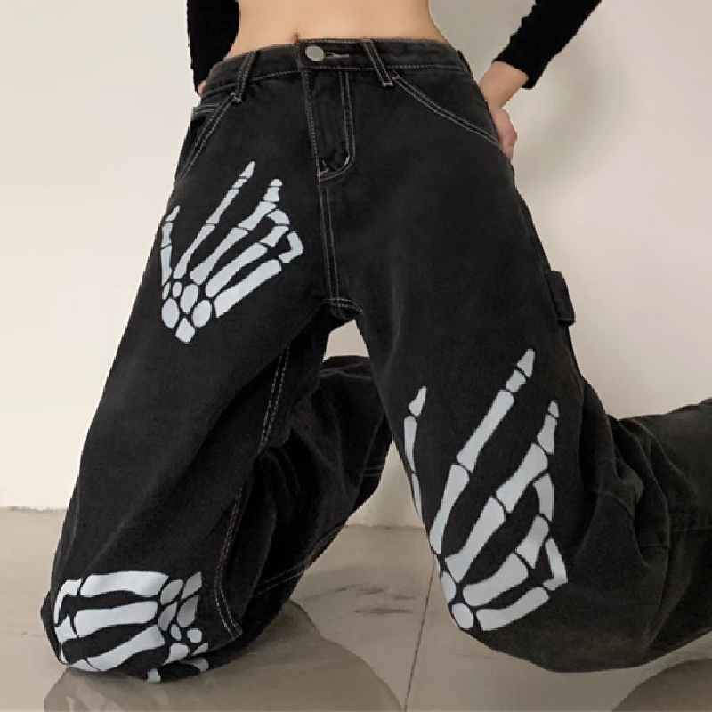 Hand Bone Vintage Print Loose Jeans