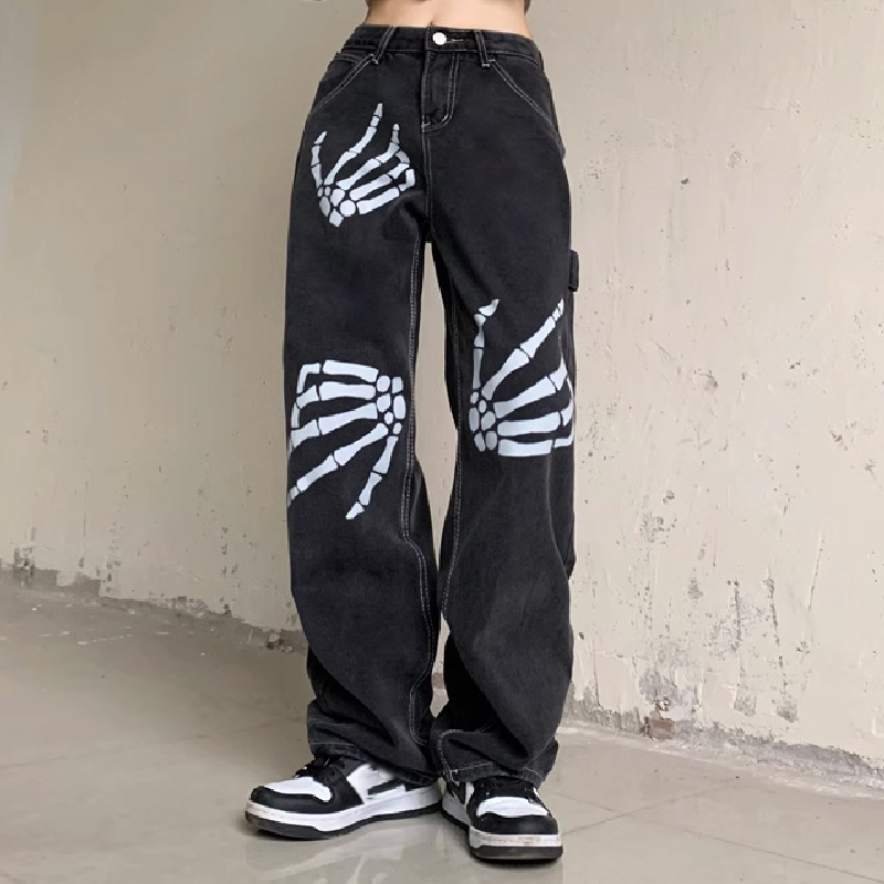 Hand Bone Vintage Print Loose Jeans