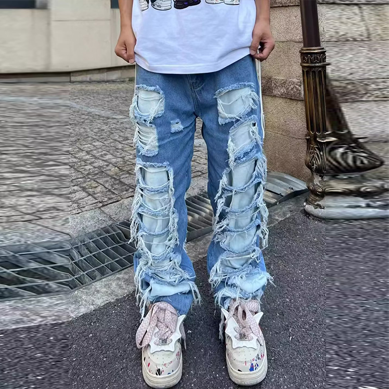 Ripped Patch Straight-Leg Jeans