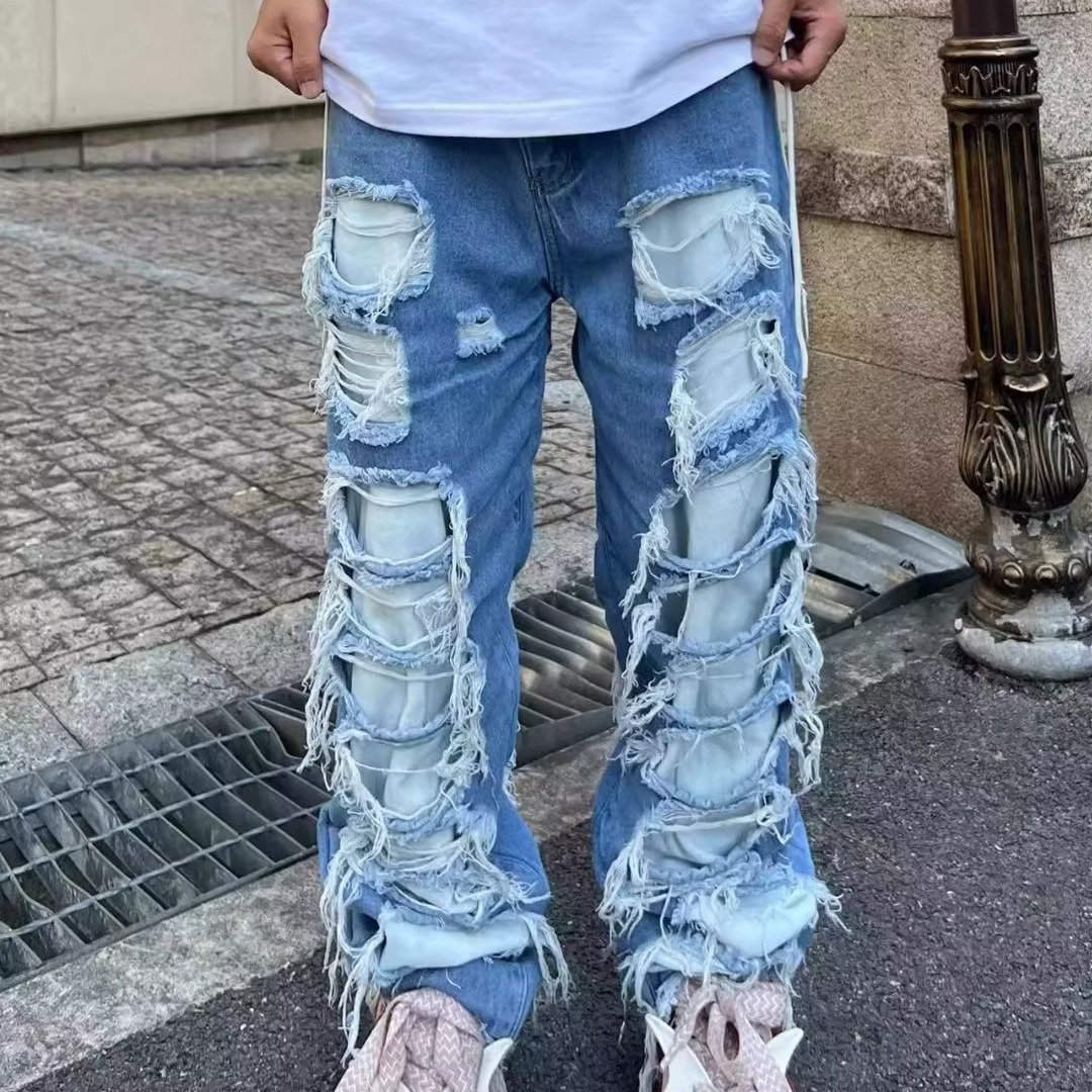 Ripped Patch Straight-Leg Jeans