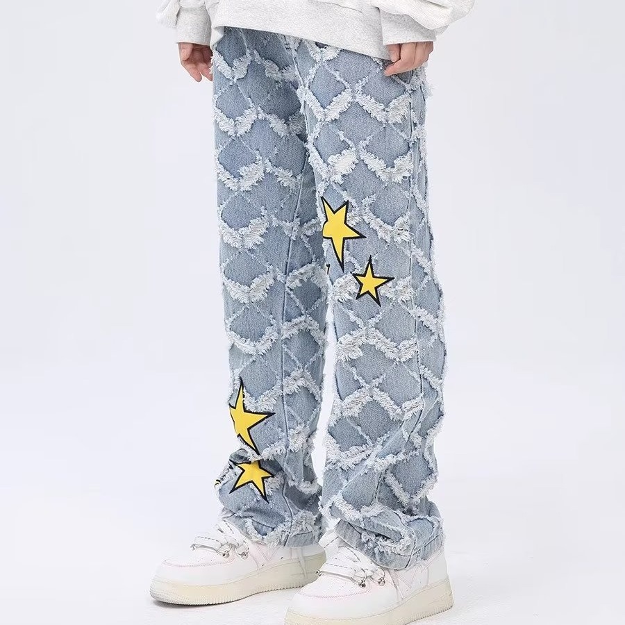 Star Patch Embroidered Textured Jeans