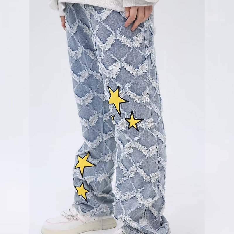 Star Patch Embroidered Textured Jeans