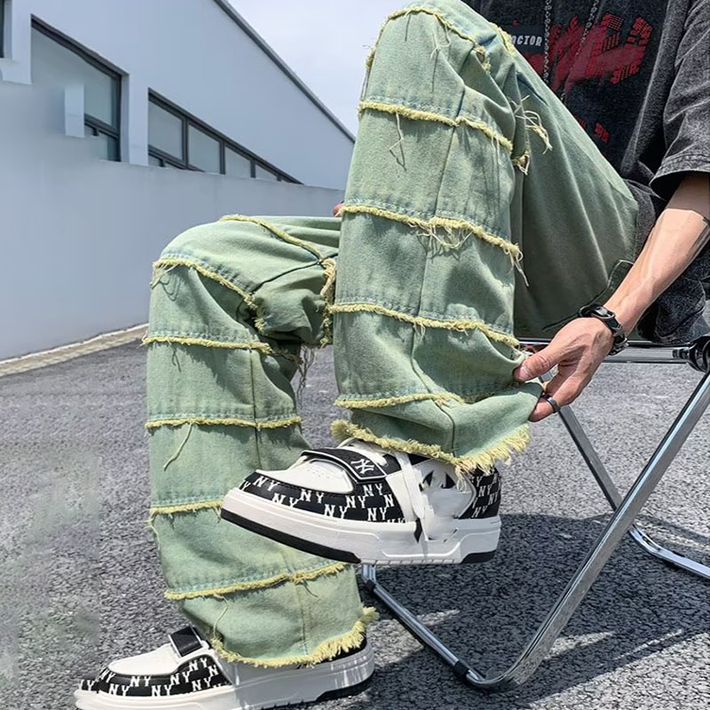 Retro Raw Edge Distressed Patchwork Jeans