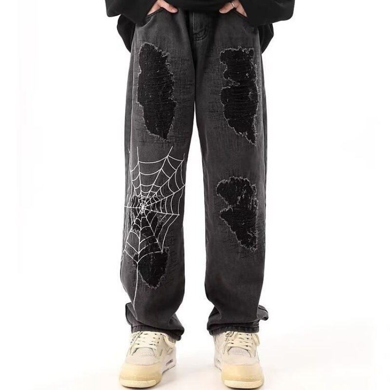 Straight Spider Web Ripped Jeans