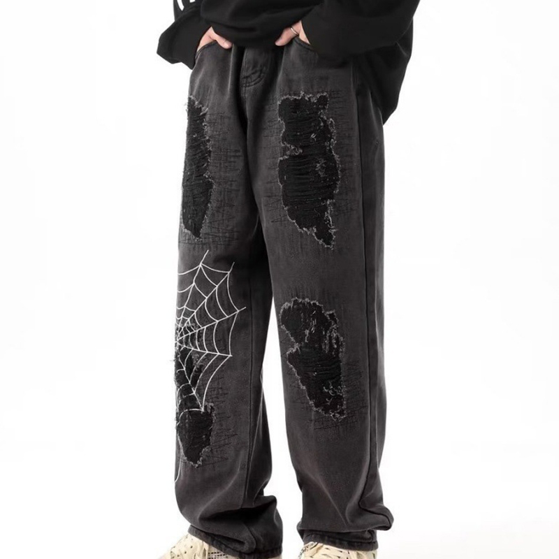 Straight Spider Web Ripped Jeans