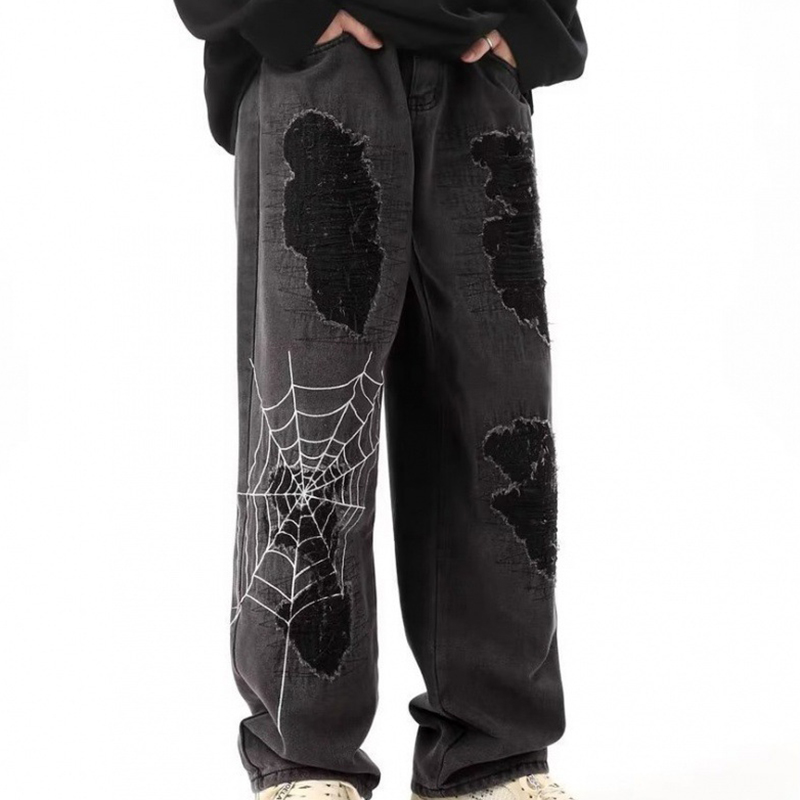 Straight Spider Web Ripped Jeans