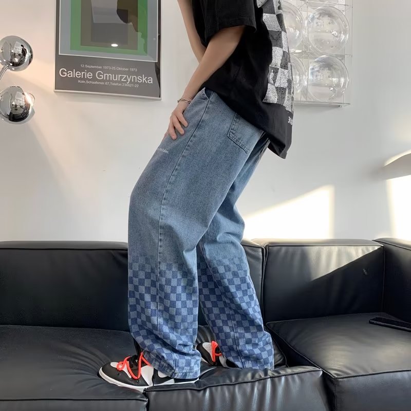 Vintage Gradient Checkerboard Drawstring Jeans