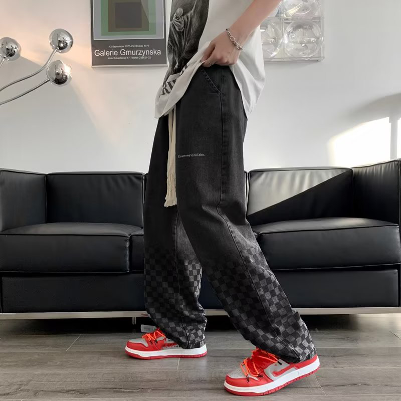 Vintage Gradient Checkerboard Drawstring Jeans