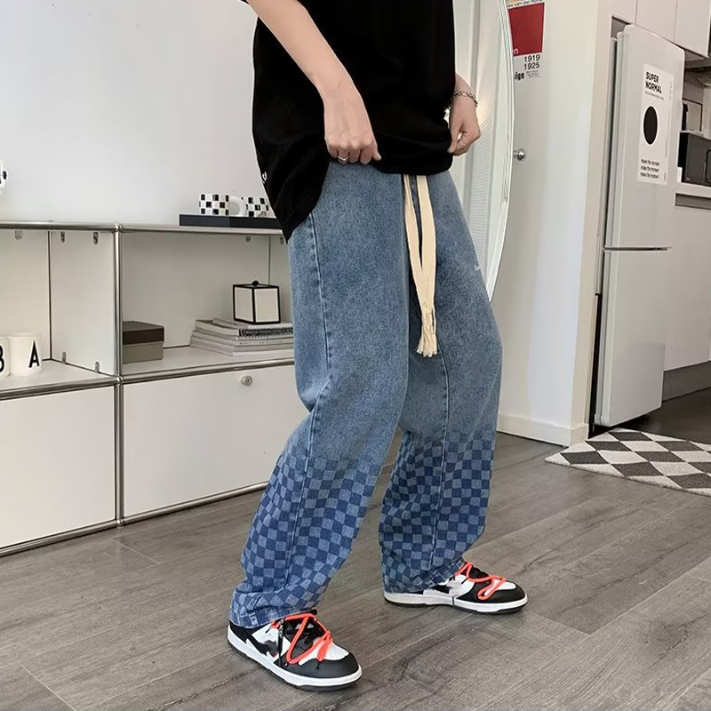 Vintage Gradient Checkerboard Drawstring Jeans