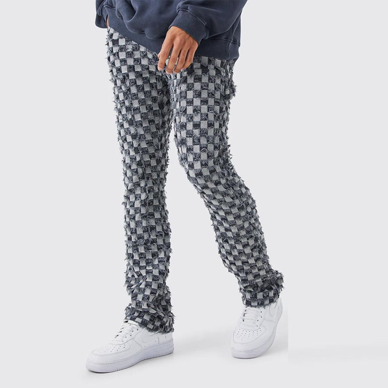 Checkered Jacquard Washed Jeans - Helloice Apparel