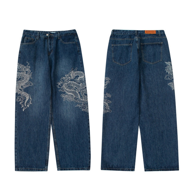 Hip Hop Dragon Pattern Embroidered Jeans
