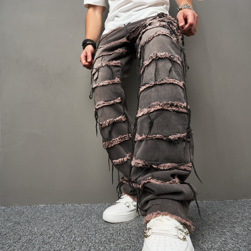 Whiskered Punk Style Patchwork Jeans