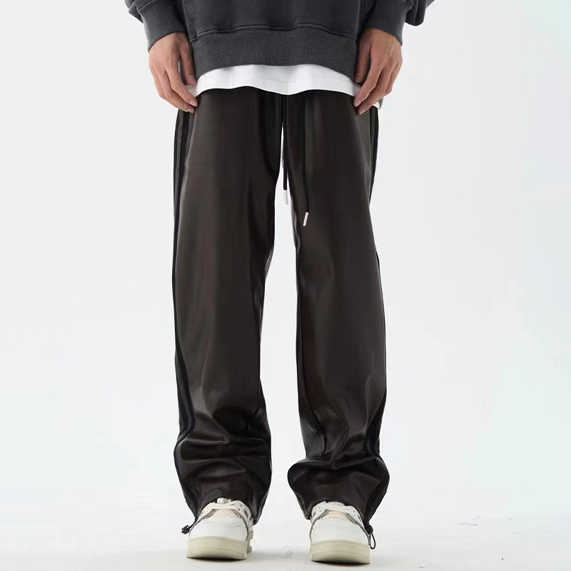 Drawstring Relaxed Stripe Loose Leather Pants