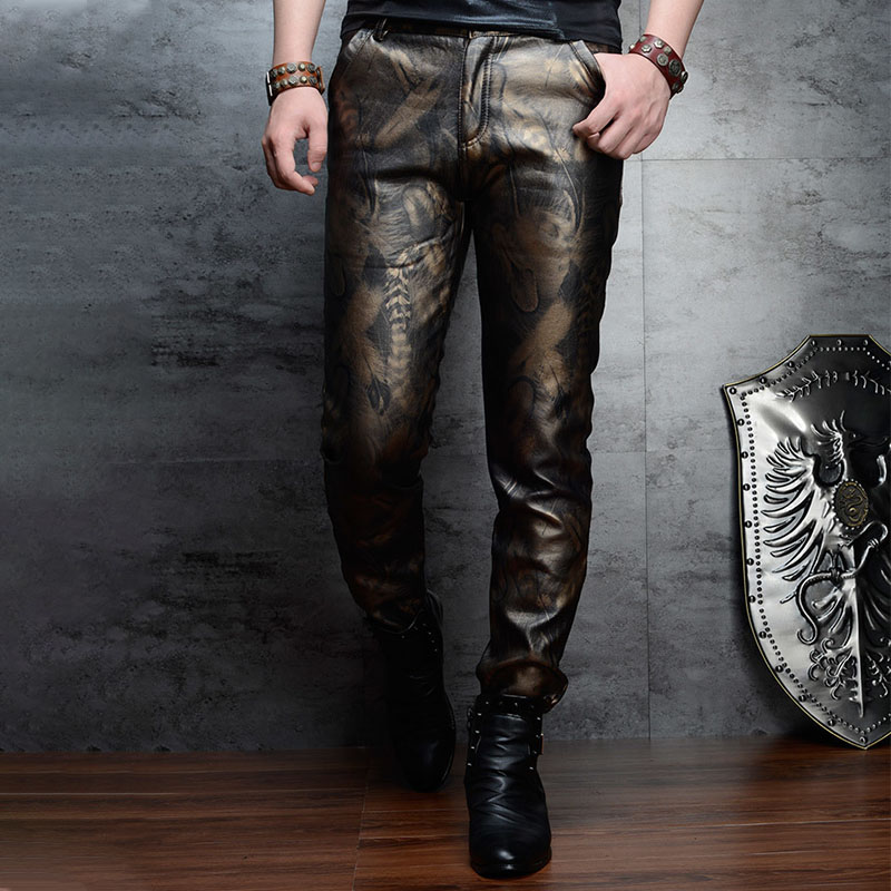 Plush Colorful Feather Print Slim Leather Pants
