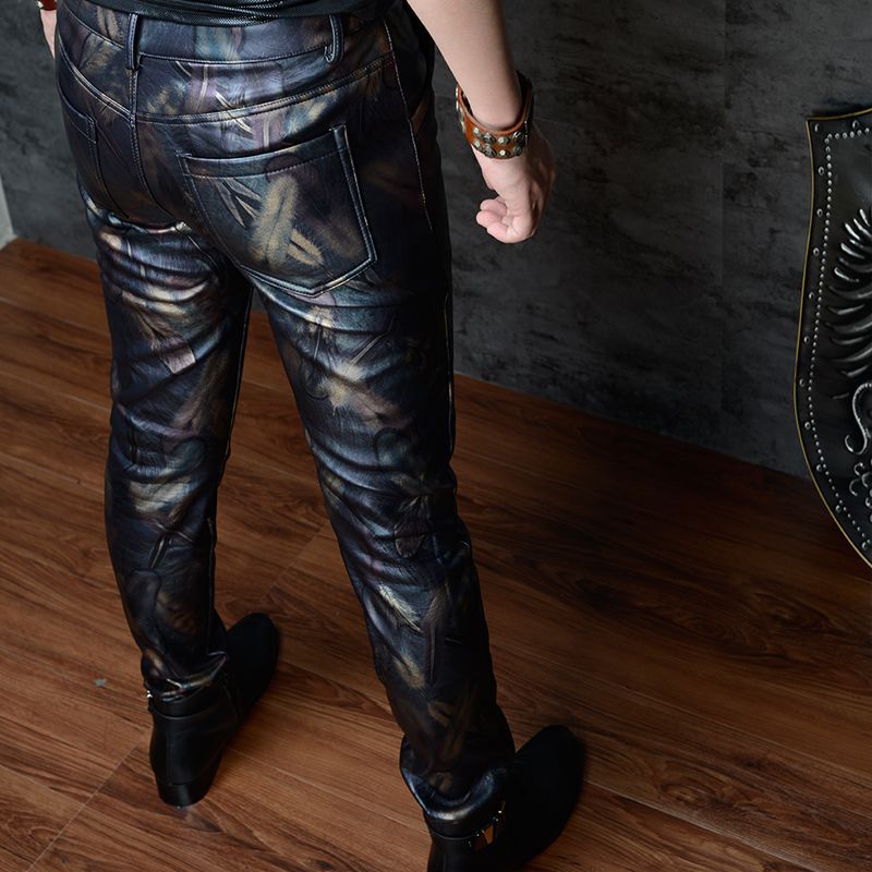 Plush Colorful Feather Print Slim Leather Pants