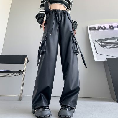 High Waisted Baggy Pocket Leather Cargo Trousers