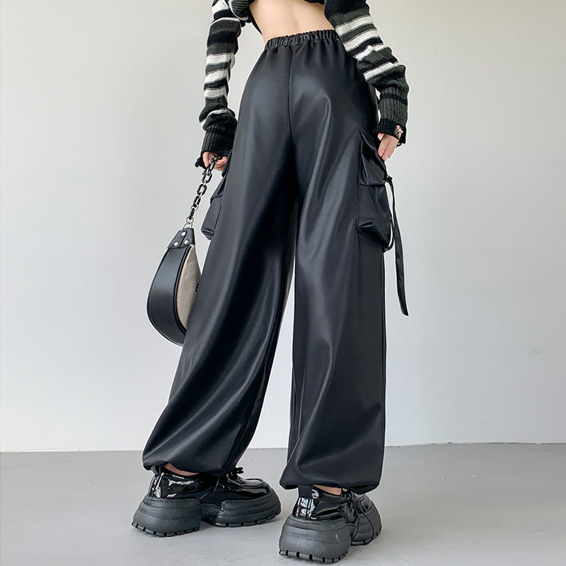 High Waisted Baggy Pocket Leather Cargo Trousers