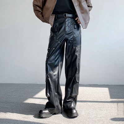 Street Fashion Loose Multi-Pocket Leather Pants