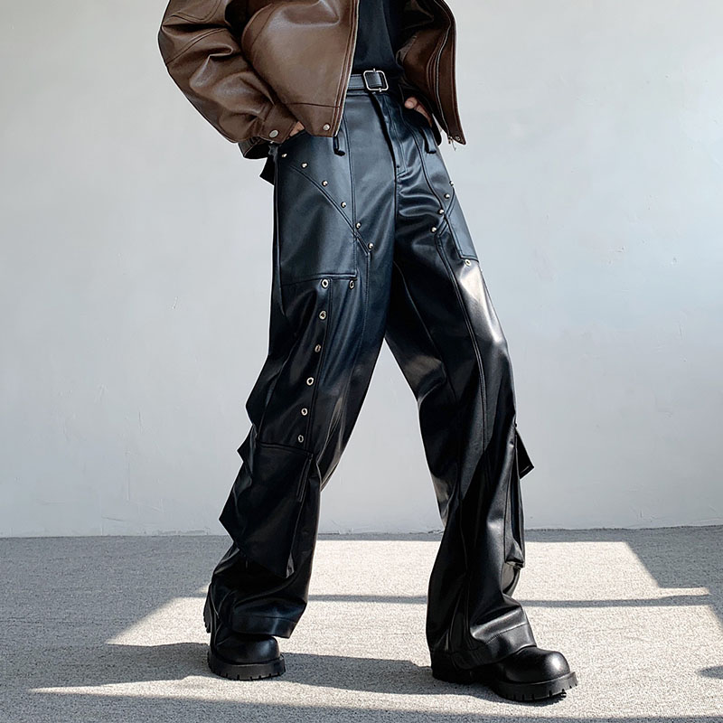 Street Fashion Loose Multi-Pocket Leather Pants