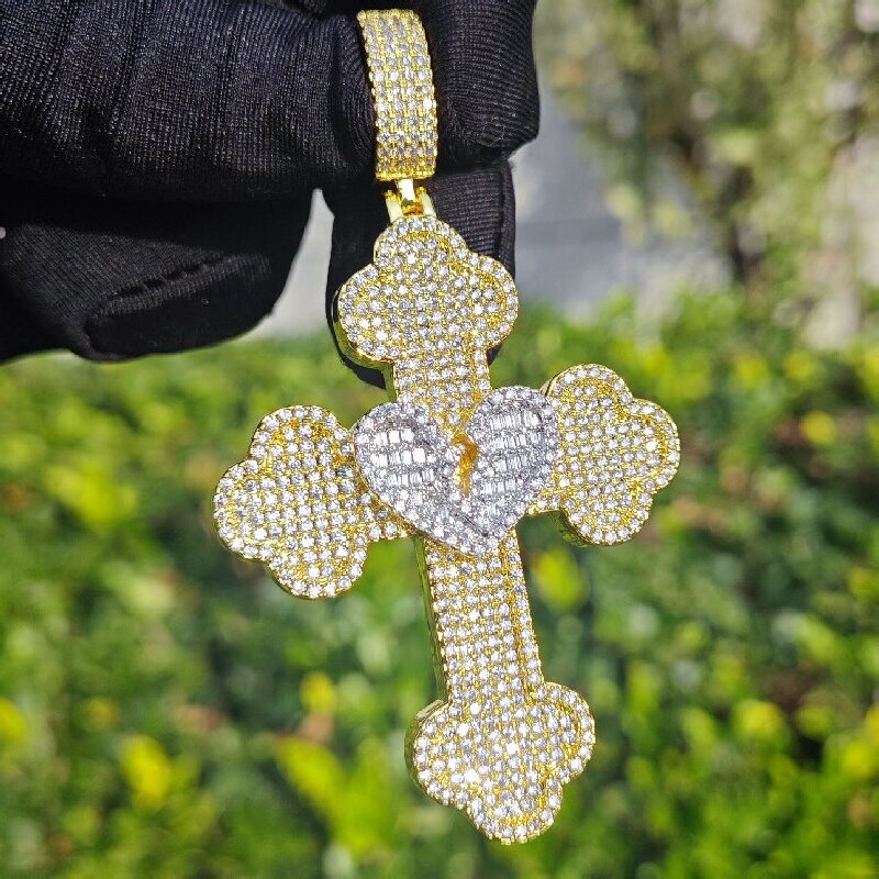 Broken Baguette Heart Cross Pendant