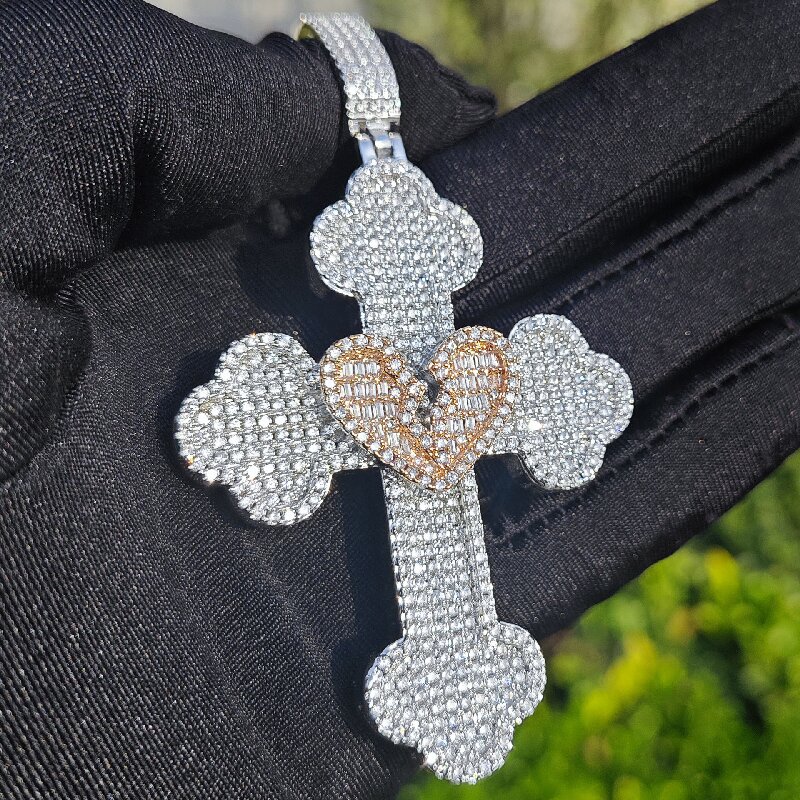 Broken Baguette Heart Cross Pendant