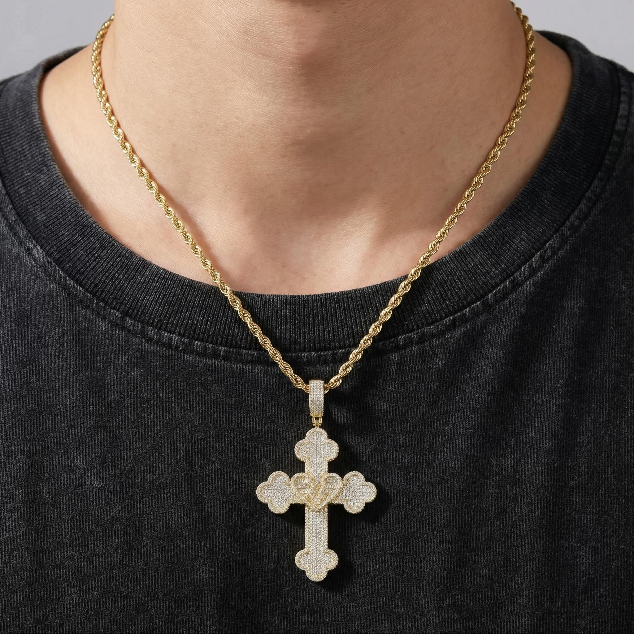 Broken Baguette Heart Cross Pendant