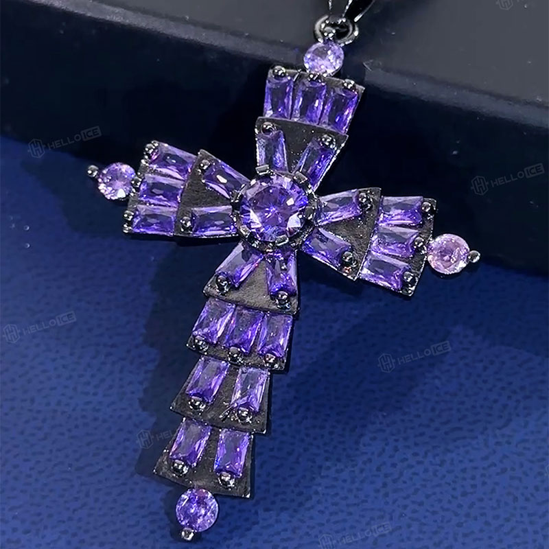 Full Paved Purple/White Cross Pendant