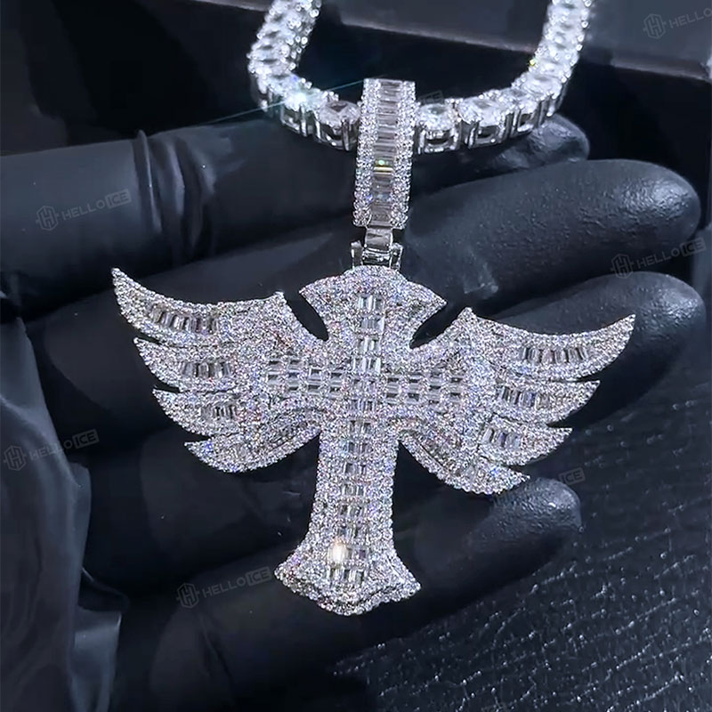 Winged Baguette Cross Pendant in White Gold