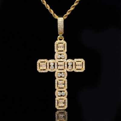 Round and Baguette Cut Cluster Cross Pendant