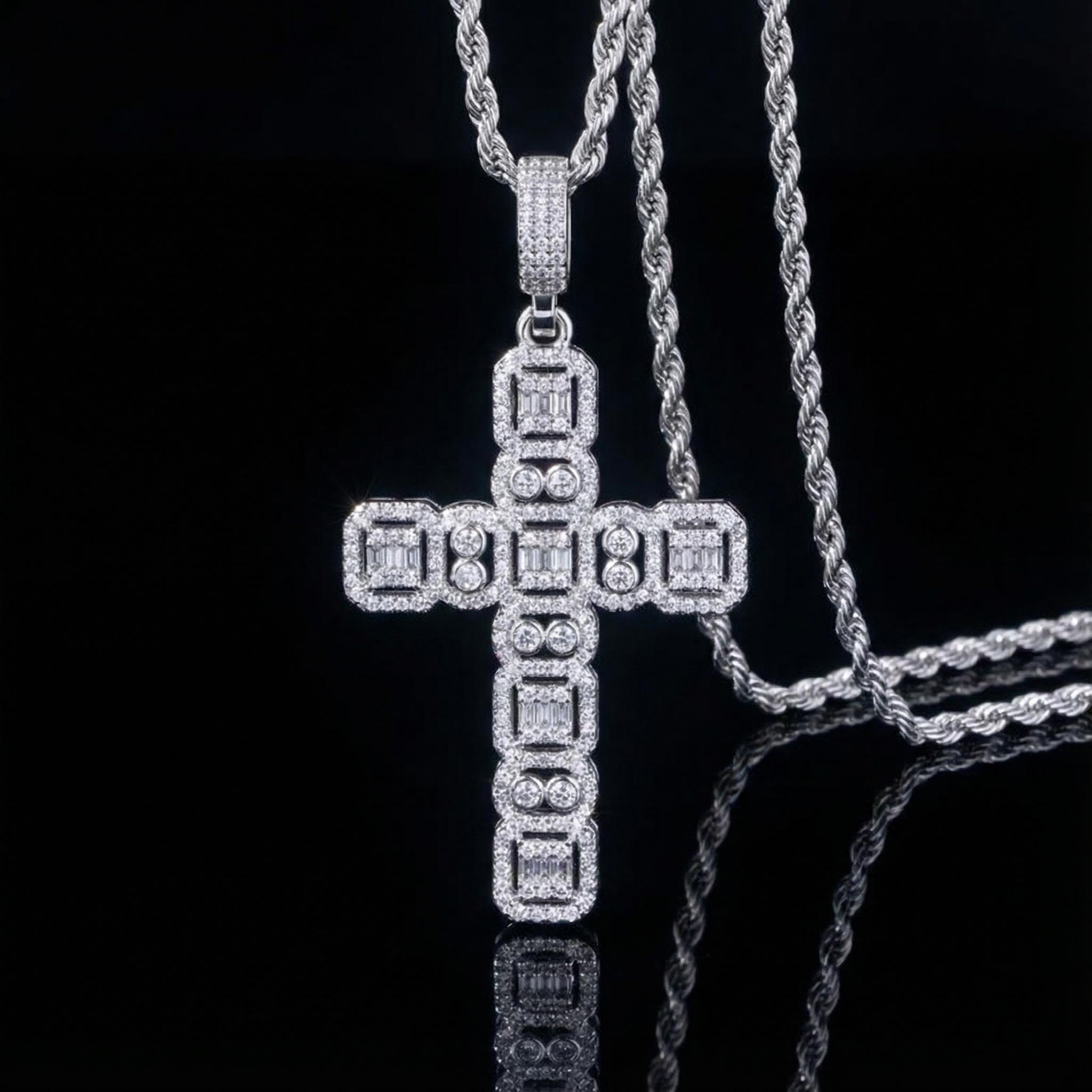Round and Baguette Cut Cluster Cross Pendant