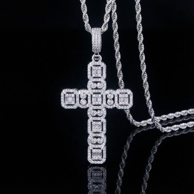 Round and Baguette Cut Cluster Cross Pendant