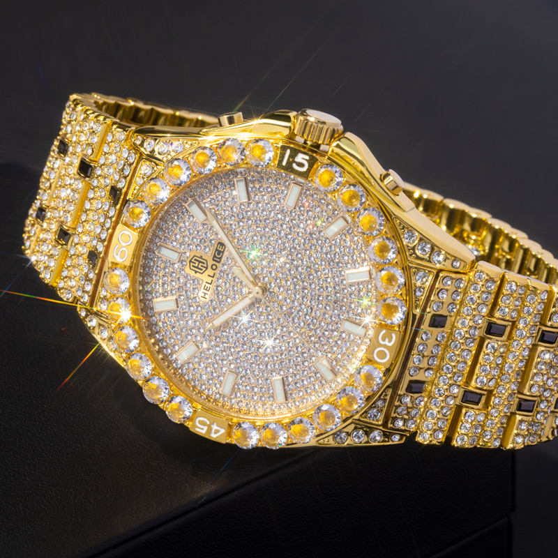 Iced Round Cut Luminous Men's Numerals Watch in Gold