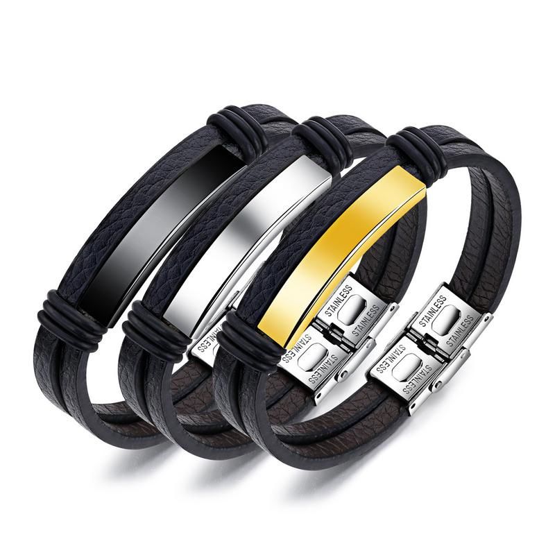 Titanium Steel Men's Double Leather Bracelet