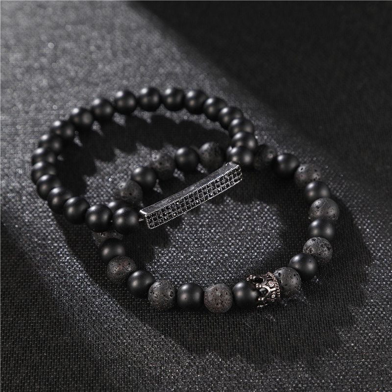 2Pcs Black Frosted Stone Elastic Crown Bracelet