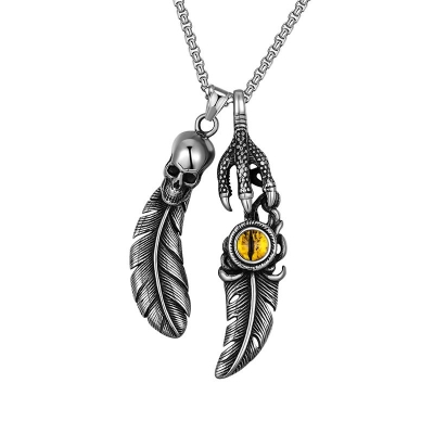 Skull and Evil of Eyes Feather Pendant