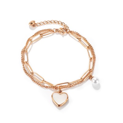 Ladies Titanium Steel Double Layer Splicing Chain Heart Shaped Rose Gold Bracelet