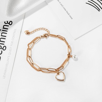 Ladies Titanium Steel Double Layer Splicing Chain Heart Shaped Rose Gold Bracelet