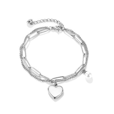 Ladies Titanium Steel Double Layer Splicing Chain Heart Shaped Silver Bracelet