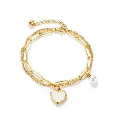 Ladies Titanium Steel Double Layer Splicing Chain Heart Shaped Gold Bracelet