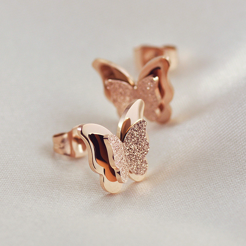 Rose gold frosted double butterfly earrings for women