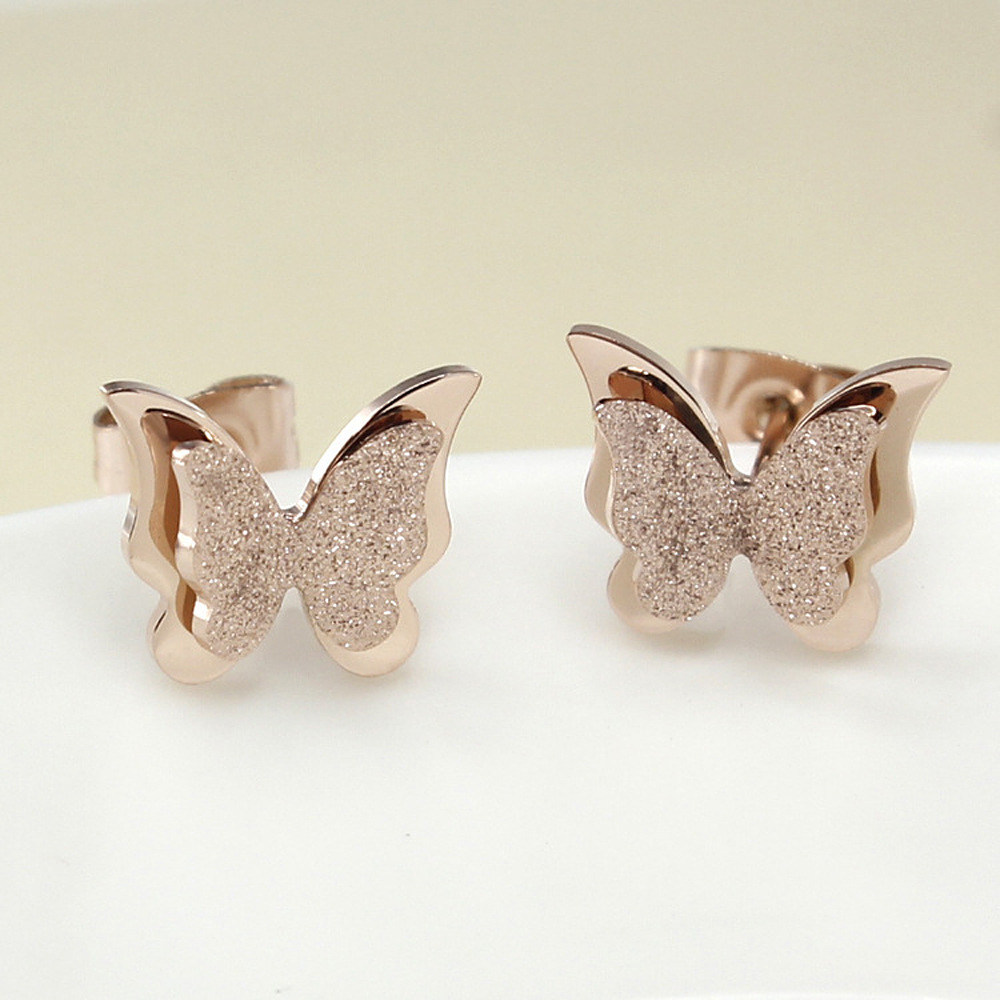 Rose gold frosted double butterfly earrings for women