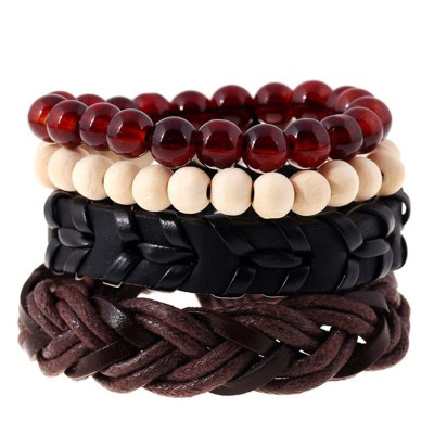 Bracelet of Wooden Beads and Leather Braided with Sisal Rope