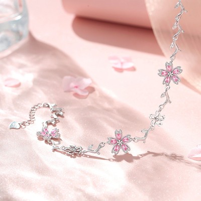 S925 Sterling Silver Cherry Blossom Bracelet with Diamonds