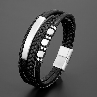 Leather Bracelet with Stainless Steel Beads