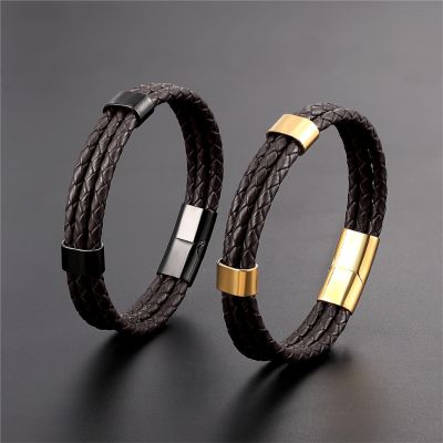 Brown Leather Bracelet with Stainless Steel Ring